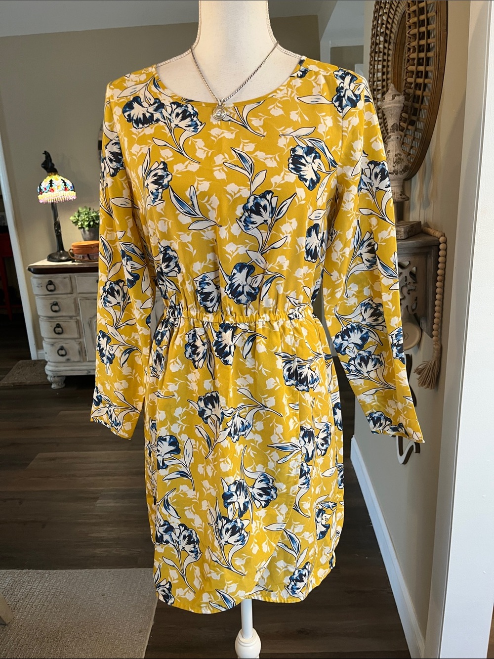 J. Crew Yellow Floral Mini Dress with Blue-White Blooms